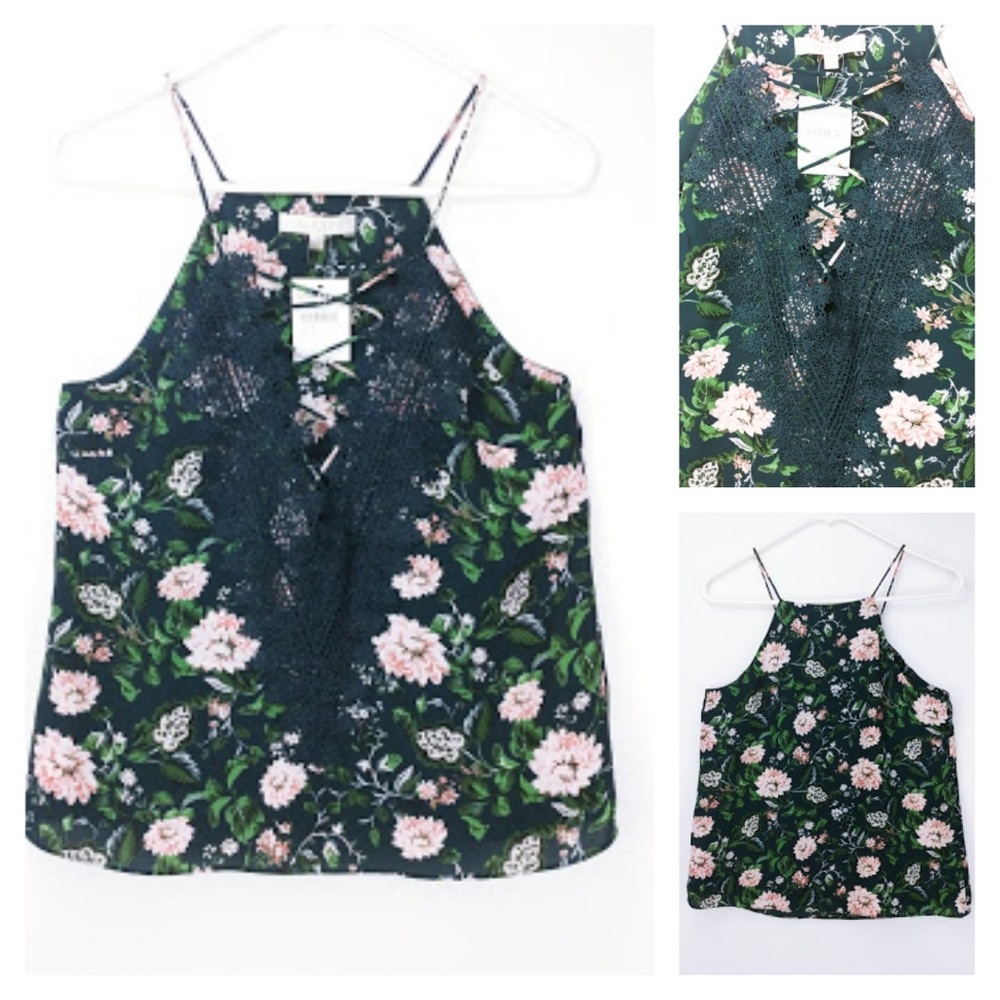 WAYF dark teal floral camisole lace neckline
